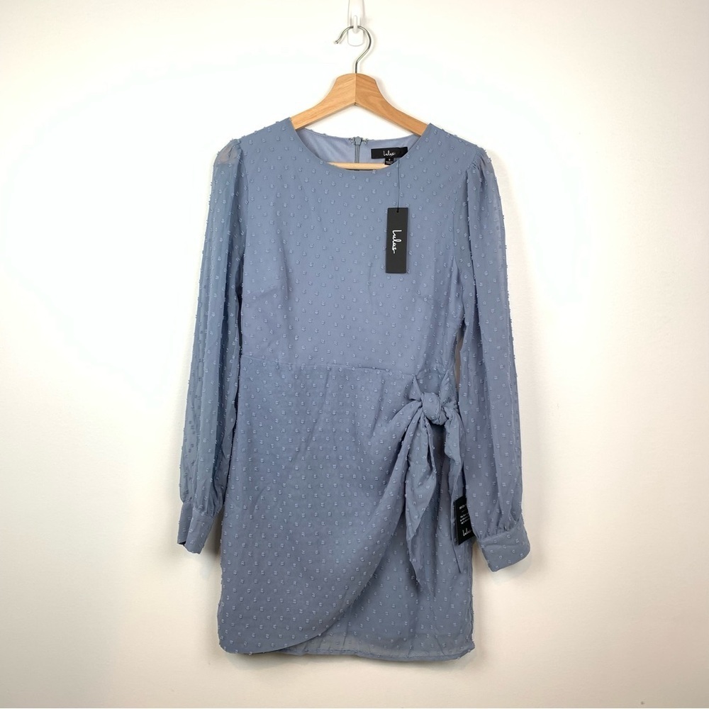 Lulus Mini Dress Blue Swiss Dot Textured Long Sleeve Tie Front  Sz Small